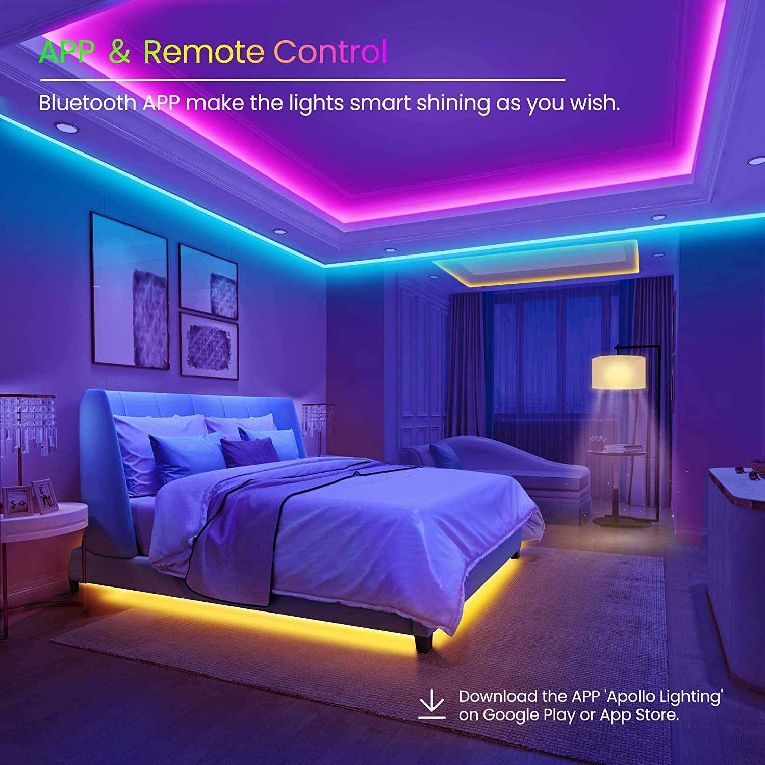 50 FT LED Strip Lights,Bluetooth LED Lighting for Bedroom, Color Changing Light Strip with Music Sync, Phone Controller and IR Remote(App+Remote +Mic).